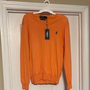 Polo by Ralph Lauren Men's Pima Sweater in Orange V Neck Size Medium. NWT